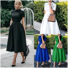 2026 European And American Women's Fashion Round-Neck Short-Sleeve Elegant Waist-Cinching Slimming Party Dress With A Large Hem - 藍色 - 查看 2