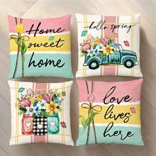 4件套印花枕套，春季主题花卉图案，卡车和花卉设计，家居装饰枕套，现代时尚装饰靠垫套，适用于沙发、客厅、长沙发、户外，单面装饰枕套，不含枕芯 - 彩色 - 查看 1