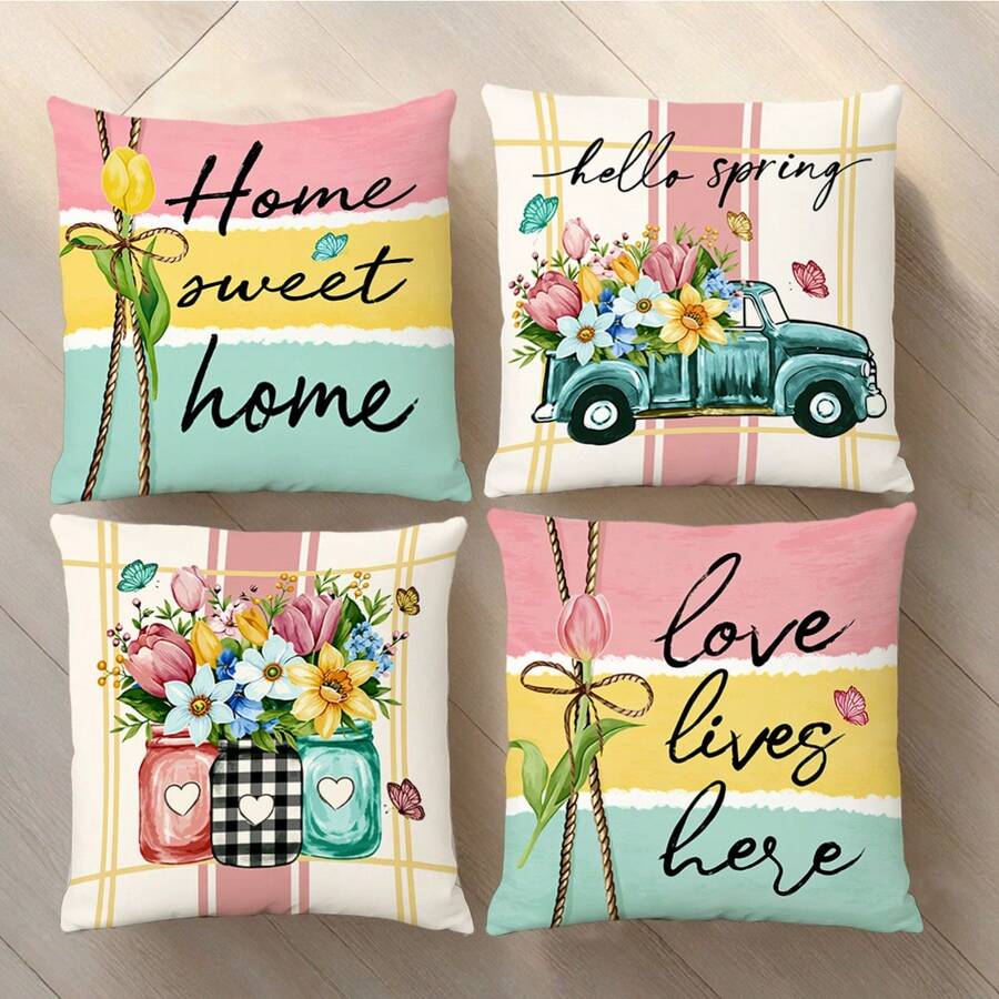 4件套印花枕套，春季主题花卉图案，卡车和花卉设计，家居装饰枕套，现代时尚装饰靠垫套，适用于沙发、客厅、长沙发、户外，单面装饰枕套，不含枕芯 - 彩色 - 查看 1