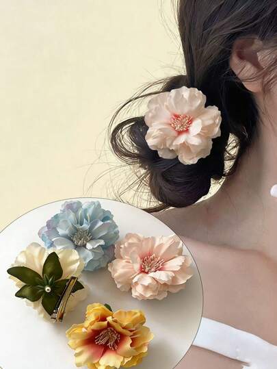 4pcs Camellia Flower Hair Clips For Women, Faux Floral Beach Holiday Side Hairpins