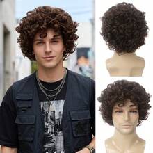 男士短款卷发波波头假发，棕色合成纤维假发，蓬松非洲卷发假发，适合角色扮演、休闲、派对、动漫角色、万圣节服装 - 棕色 - 查看 2