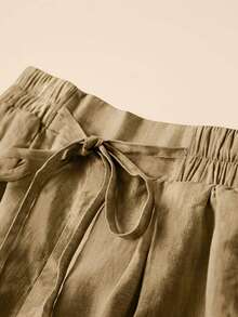 Plus Size Women's Casual Linen Elastic Waist Shorts With Pockets, Spring/Summer - Camel - View 4