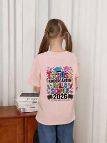 Áo thun ngắn tay cổ tròn in họa tiết ngộ nghĩnh dành cho bé gái, kiểu dáng thường ngày, thích hợp mặc mùa hè. - Hồng - Xem 2