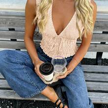 VIVINA Women's Summer Casual Versatile Deep Shirred Plaid Tie Waist Ruffle Hem Camisole, Versatile Weekend Outgoing Top, Countryside Resort Top - Apricot - View 5