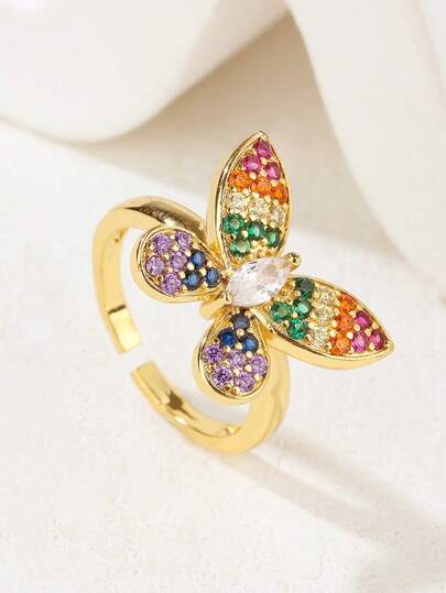 Anillo ajustable de mujer bohemio vintage con mariposa 3D incrustada de circonita cúbica arcoíris, elegante y vibrante, regalo de joyería para fiestas de verano
