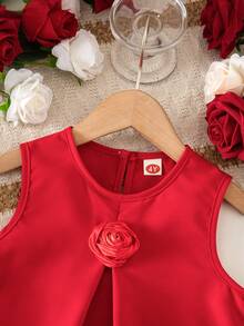 1pc Girls Cute Fashionable 3D Rose Flower Solid Color Ruffle Hem Sleeveless Dress - Red - View 3