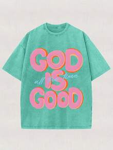 Men's God Is Good Distressed Graphic Tee, Oversized Crew Neck Short Sleeve Vintage Wash T-Shirt, Unisex Boyfriend Fit - 綠色 - 查看 1