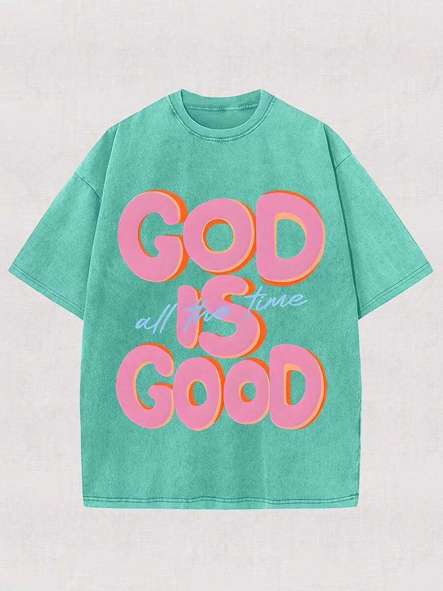 Men's God Is Good Distressed Graphic Tee, Oversized Crew Neck Short Sleeve Vintage Wash T-Shirt, Unisex Boyfriend Fit - 綠色 - 查看 1