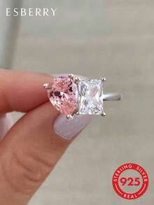 ESBERRY 1 chiếc nhẫn bạc 925 Sterling Silver khắc tên cá nhân, kiểu dáng bất đối xứng, đính đá Zirconia, trang sức nữ, quà tặng hẹn hò cho nữ. - Nhẫn zirconium hình giọt nước màu hồng - Xem 2