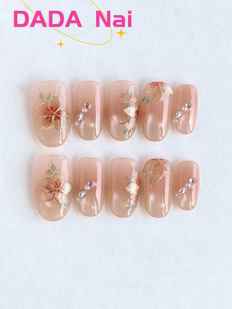 10片短款椭圆形手工按压式美甲贴片,裸色猫眼图案,手绘金色花朵和珍珠水钻美甲,亮面,可重复使用的亚克力美甲贴片,适合Y2K风格和夏季日常佩戴 - 彩色 - 查看 1