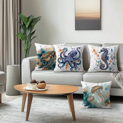 4 pièces Housses de coussin imprimées en velours pêche à thème océanique, 100% polyester, décoration pour salon, chambre à coucher, 40x40cm/45x45cm/50x50cm