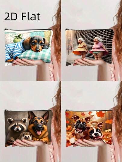 1个可爱宠物趣味生活主题印花洗漱包，图案包括腊肠犬睡衣、古灵精怪的银发奶奶、德国牧羊犬和浣熊组合、秋季波士顿梗犬图案，便携式旅行化妆包，学生文具收纳包，日常时尚配饰包