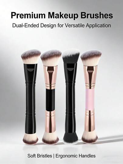 1pc High-Quality Dual-Ended Face Makeup Brush, Synthetic Fiber Bristles, Soft & Skin-Friendly, Metal Handle, Suitable For Powder, Contour, Blush, Concealer, Foundation, Great For Makeup Beginners And Daily Use