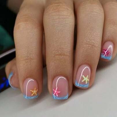 24 piezas de uñas postizas europeas cortas, uñas con estampado de estrella de mar colorida y ola azul, uñas de cobertura completa y removibles adecuadas para fiestas, bailes y uso diario