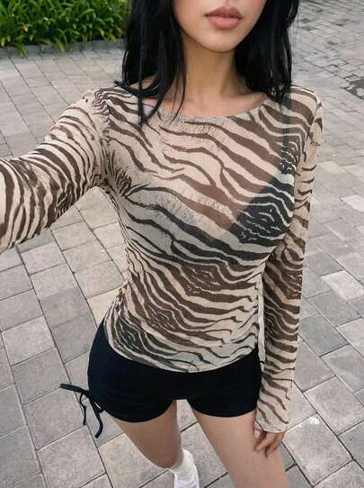 Rikumo Women's Pleated Mesh Leopard Print Top, Long Sleeve Zebra Print Blouse, Brown Zebra Print Shirt, Zebra Print Apparel, Animal Print Blouse, Comfortable Women's Top, Spring Women's Clothing, Summer Tops, Suitable For Beach, Party, Outing, Nightclub, Easter, Mother's Day