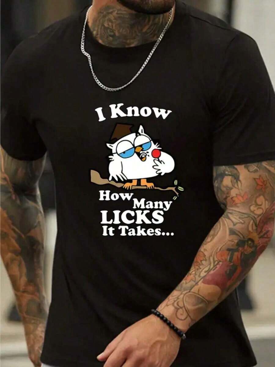 Men's Short-Sleeved T-Shirt With Cartoon Owl Print And The Phrase "I Know How Many Licks It Takes", Slightly Stretchy, Casual And Comfortable, Perfect For Outdoor Activities And Everyday Wear. - 黑色 - 查看 1