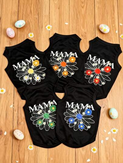 LUCKIE LABO 1件母亲节“妈妈”标语彩色雏菊印花宠物背心，物理驱蚤，减少掉毛，保暖透气，适合小型/中型犬猫，室内/室外均可使用。