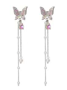 1 Pair Korean Style Elegant Purple Butterfly Earrings With Long Pearl Tassel, Flattering Design For Women - Multicolor - View 2