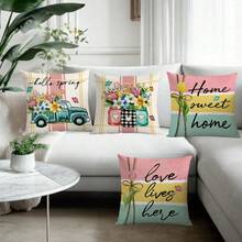 4件套印花枕套，春季主题花卉图案，卡车和花卉设计，家居装饰枕套，现代时尚装饰靠垫套，适用于沙发、客厅、长沙发、户外，单面装饰枕套，不含枕芯 - 彩色 - 查看 6