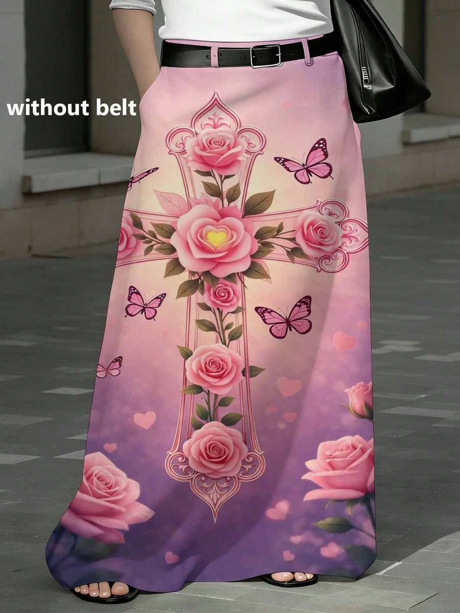 Plus Size Women Skirt Straight Cut With Pockets Vacation Style Without Belt Printed Cross Roses And Butterflies Design For Festivals Daily Casual Comfortable Wear Suitable For Leisure And Sports 250g - 彩色 - 查看 1