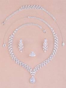 CORUIXI Juego de joyería de 4 piezas de lujo y elegante con zirconia cúbica en forma de lágrima para mujer, que incluye collar, aretes, pulsera y anillo. Collar de gargantilla de cristal y diamante brillante de plata adecuado para novia, dama de honor o regalo de cumpleaños. - Plateado - Ver 7