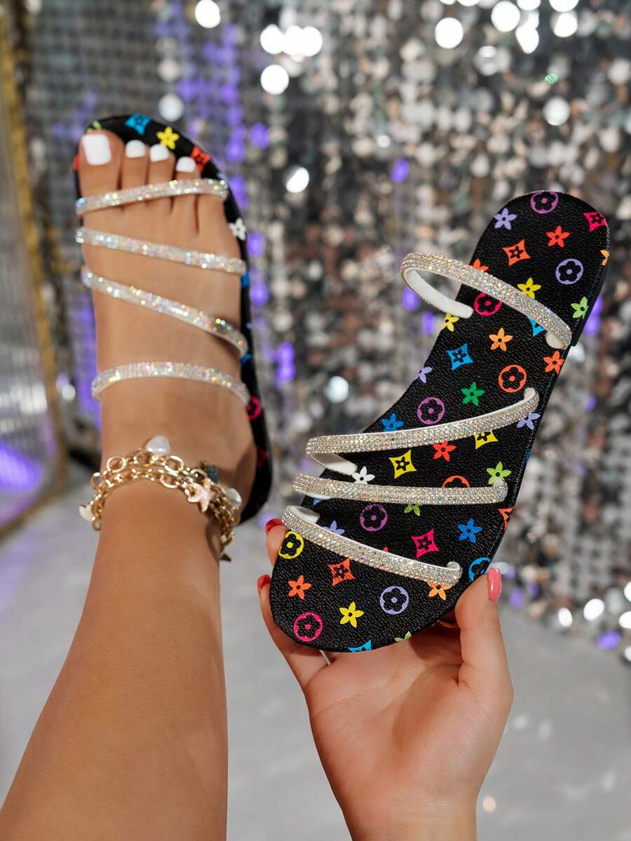Women's Flat Sandals With Rhinestones, Black Rhinestone Sandals, Leopard Print Sandals, Full Rhinestone Beach Slippers For Party, Birthday, Gathering, Gift, Spring/Summer New Rhinestone Sandals, Sexy Wedding Shoes, Mother's Day Gift, Easter Gift, Fashion PU Leather Rhinestone Beach Slippers For Spring/Summer, Suitable For Beach, Wedding, Party, Office, Home, Gym - Black and Red - View 1