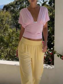 Y2K Women's 2-In-1 Solid Color Convertible Crop Top, Halter  Off Shoulder Back Tie Ruched Self-Cultivation Top For Club Party - Pink - View 3
