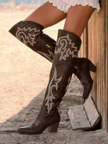 Summer Boots Riding Knee Thick Heels Embroidery Women's Country Concert Combat Cowgirl Brown Boots Women Outfits & Western Chic Festival Shoes - Brown - View 7