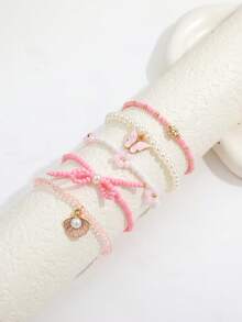 5pcs Bohemian Style Faux Pearl Beaded Elastic Cord Bracelet With Shell, Flower & Butterfly Pendants, Women Bracelet Set - Gold - View 5