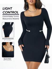 Women's Ribbed Long Sleeve Elegant Square Neck Tummy Control Stretch Basics Bodycon Mini Dress - Black - View 1