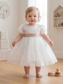 0-2岁幼儿女宝宝白色婚礼花童礼服，生日派对迷你礼服 - 白色 - 查看 7