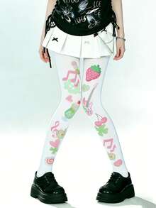 1双女士天鹅绒水果音符印花连裤袜，新颖独特，舒适时尚，适合日常穿着、通勤、节日派对和外出活动。 - 彩色 - 查看 4