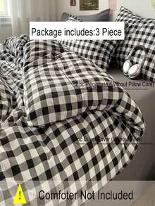 Bộ 3 món ga trải giường kẻ caro cổ điển (1 ga trải giường + 2 vỏ gối, không bao gồm chăn bông và gối), bộ đồ giường mềm mại thân thiện với da, bộ ga trải giường kẻ caro tối giản đa năng 3 món. - màu đen - Xem 4