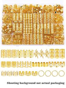 220pcs Geometric Sun & Leaf Shaped Rhinestone Grid Design Adjustable Alloy Hair Scrunchies, Suitable For Girls Hair Braiding - Gold - View 1