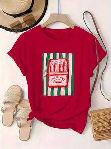 100% Cotton Sardine Pattern Printed European And American Fashion Round Neck Short Sleeve T-Shirt Women's Sports Pullover Breathable Cotton Tee, All Match - 紅色 - 查看 1