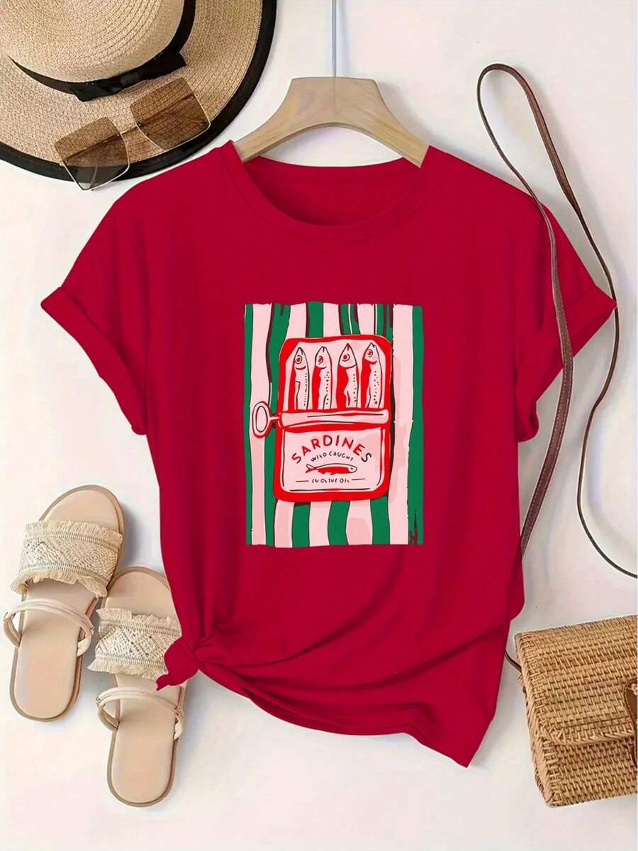 100% Cotton Sardine Pattern Printed European And American Fashion Round Neck Short Sleeve T-Shirt Women's Sports Pullover Breathable Cotton Tee, All Match - 紅色 - 查看 1