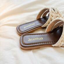 2026夏季新款女士法式珍珠拖鞋，时尚平底凉鞋，沙滩拖鞋 - 米白色 - 查看 9