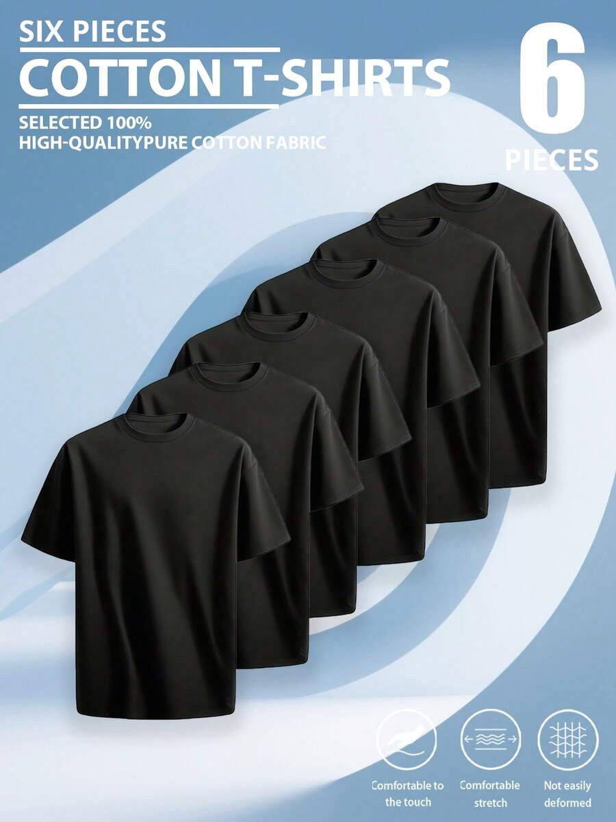 6pcs/Set Men's Round-Neck Pure Cotton Multi-Color T-Shirts, Suitable As Gifts For Friends. Available In S-3XL Sizes With Various Options. - 黑色 - 查看 1
