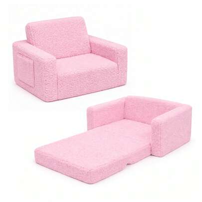 2-In-1 Kids Sofa Bed Convertible Toddler Couch To Lounger Chair With Removable Washable Cover Sherpa And Plush Folding Sofa Bed For Boys Girls, Gift For Birthday, Christmas