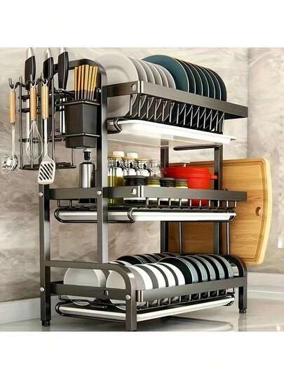 Dish Rack, 3 Tier Dish Drying Rack Dish Drainers For Kitchen Counter Storage Cutlery Holder Home Carbon Steel For Dishes,Cups,BowlsSpace-Saving Design Suitable For Women In Apartments Mothers Day