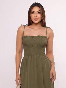 Women's Long Dress With Latex And Evangelical Strap Adjustment - xanh quân đội - Xem 4