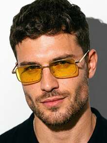 Men's Rectangular Sunglasses, Gold Metal Frame, Yellow Lenses, Retro Style, Y2K Vintage - Màu vàng - Xem 1