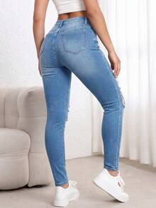 浅色水洗做旧高腰紧身牛仔裤，带有破洞细节，弹力街头风，适合春夏休闲、上学、派对穿着（Y2K朋克风） - 藍色 - 查看 4