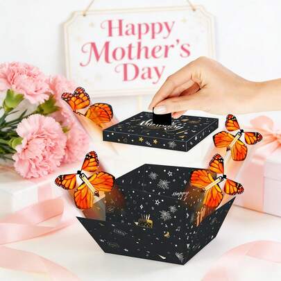 Hộp quà bất ngờ hình bướm nổ cổ điển, trang trí hoa và bướm, kèm 4 đồ chơi bướm bay, thích hợp làm quà tặng Ngày của Mẹ, sinh nhật, các dịp lễ hội, không cần nguồn điện.