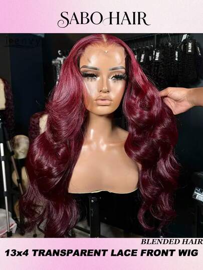 200% Density 28 Inch 99j Burgundy Color 13x4 Big Area HD Transparent Lace Front Long Hair Wigs Pre Plucked Hairline Wig Body Wave Human Frontal Hair Wig Women's Fashion Wig Suitable Blended Hair For Daily Wear Or Gatherings