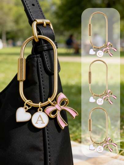 1 pieza Elegante llavero con lazo y letra, accesorio con forma de corazón, letras de la A a la Z, dije de lazo para bolso, llavero de metal brillante, dije personalizado para bolso, mochila o bolso, decoración para llavero de coche, regalo para novias, familia, damas de honor, maestros, imprescindible para fashionistas, regalo perfecto para cumpleaños, festividades, boda, fiesta, Día de la Madre, Pascua