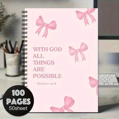 1. Sổ tay Lời Hứa Thiêng Liêng - Ma-thi-ơ 19:6 "Với Đức Chúa Trời, mọi sự đều có thể" Sổ ghi chép Kinh Thánh họa tiết hoa, thiết kế nơ hồng, giấy cao cấp 100g, kế hoạch phát triển tâm linh dựa trên đức tin và thiền định Cơ Đốc, viết đầy cảm hứng, bìa trang nhã, không kèm bút.