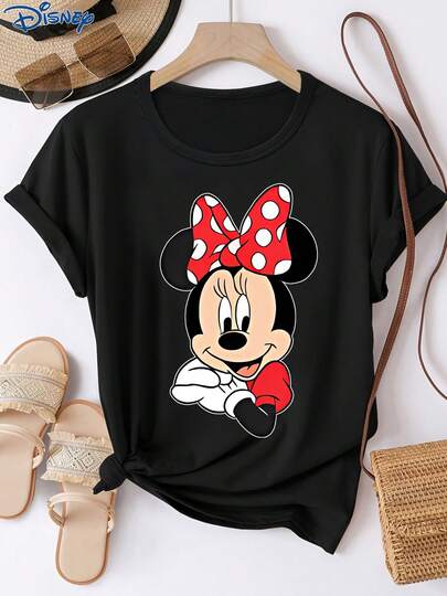 Disney 1件女士短袖T恤，米妮图案印花，圆领，弹力面料，易打理，适合日常穿着，时尚女士短袖T恤，休闲服饰