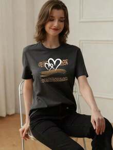 Summer TopsWomen's Summer New Simple Slogan Print Casual Vacation Style Loose Fit Round Neck Short Sleeve T-Shirt, Fashionable Everyday Top, Suitable - 深灰色 - 查看 2