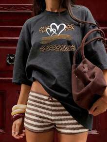 Summer TopsWomen's Summer New Simple Slogan Print Casual Vacation Style Loose Fit Round Neck Short Sleeve T-Shirt, Fashionable Everyday Top, Suitable - 深灰色 - 查看 8